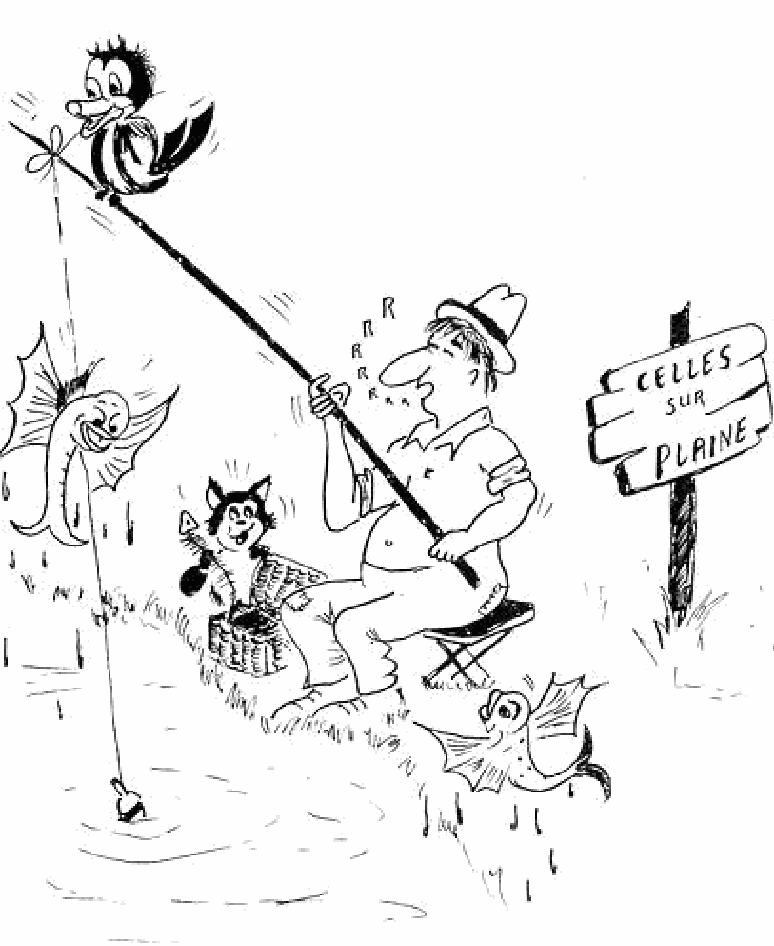 Dessin de Gérard Jacquet : partie de pêche à Celles-sur-Plaine