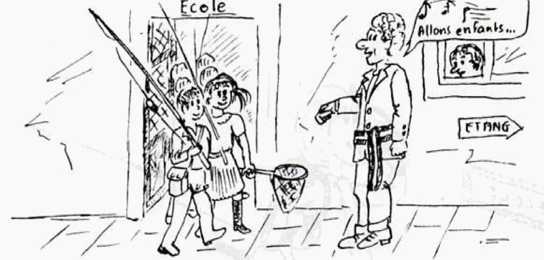 Dessin de Gérard Jacquet : des enfants partent pêcher avec leur instituteur devant l'école