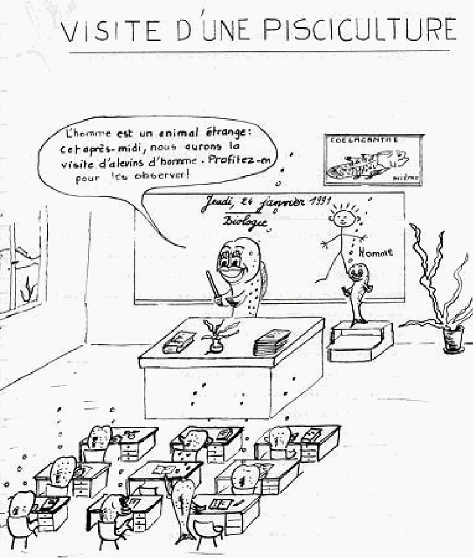 Dessin de Gérard Jacquet : « Visite d'une pisciculture »