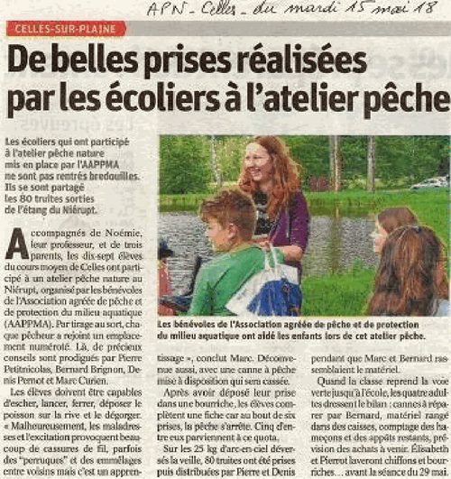 Coupure de presse Vosges Matin : des écoliers de Celles-sur-Plaine réalisent de belles prises à l'atelier pêche, mai 2018