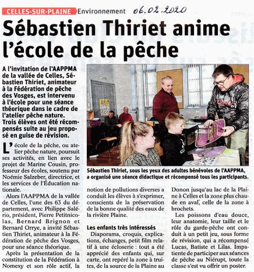 Coupure de presse Vosges Matin : « Sébastien Thiriet anime l'école de la pêche », séance théorique à Celles-sur-Plaine, 6 février 2020