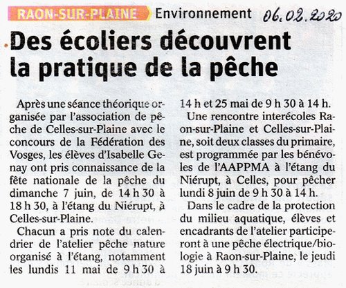 Coupure de presse Vosges Matin : « Un cours vivant pour donner l'envie de pêcher », séance théorique à Raon-sur-Plaine, 6 février 2020
